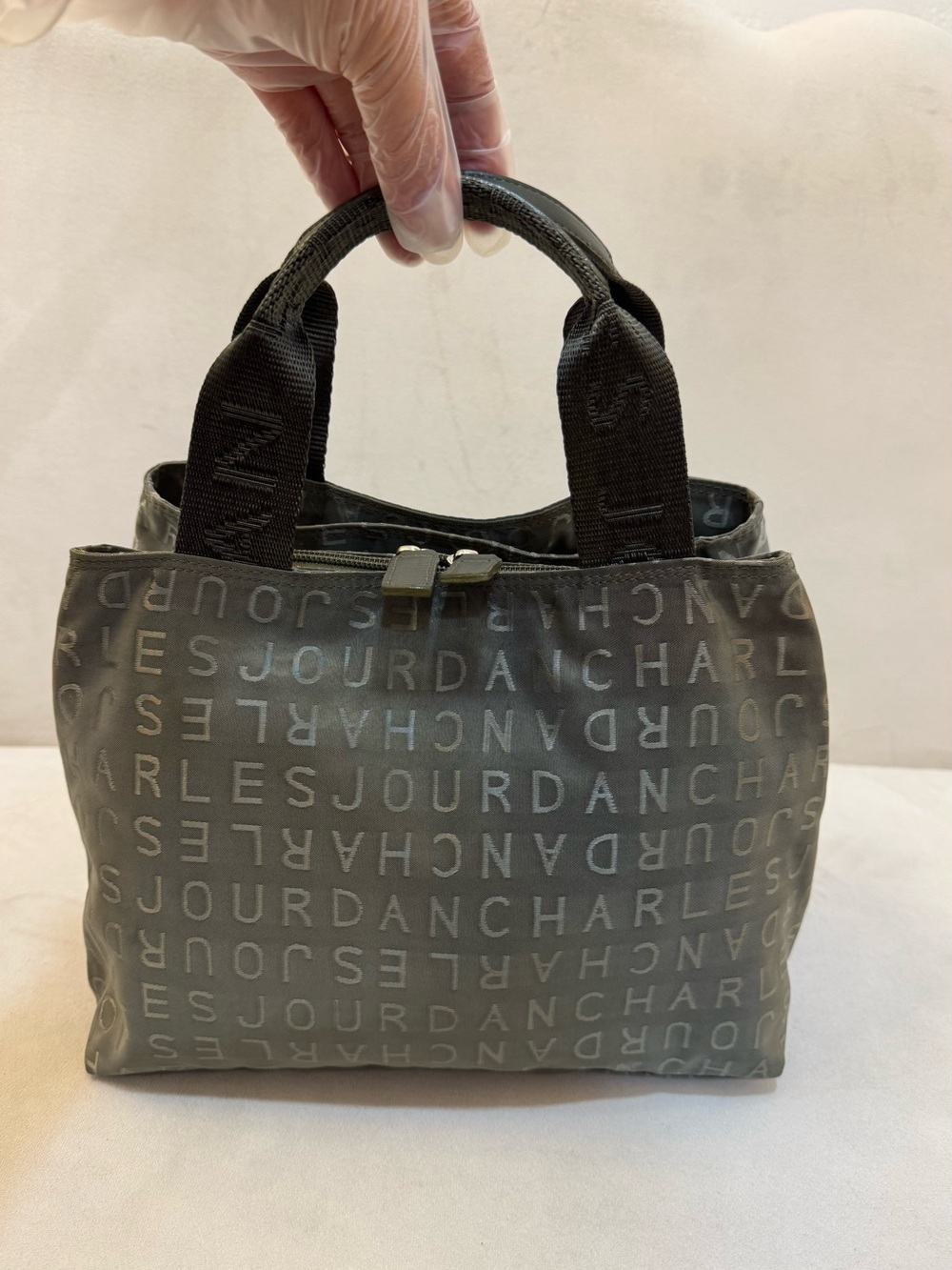 Charles Jourdan Paris Y2K Moss Green Logo Jacquard Nylon Tote Shoulder Bag